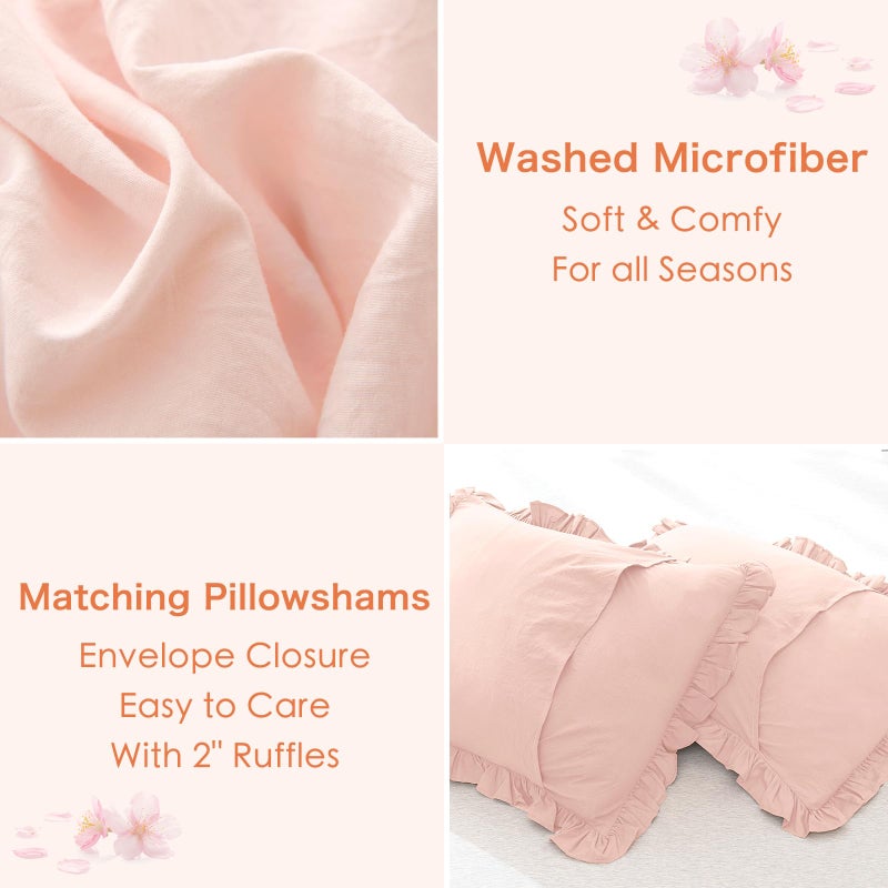 Masaca مجموعة لحاف Masaca Blush Pink، طقم لحاف سرير كوين فارمهاوس شابي بوهو شيك عتيق ريفي ناعم من الألياف الدقيقة أسفل طقم لحاف سرير بديل 3 قطع (1 لحاف مكشكش و2 كيس وسادة) - Image 4